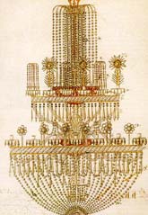 The design of a crystal chandelier with trimmings and chains of cut stones. The J. Christian Jancke & Cie., Novy Bor company's pattern book from 1825-1830.